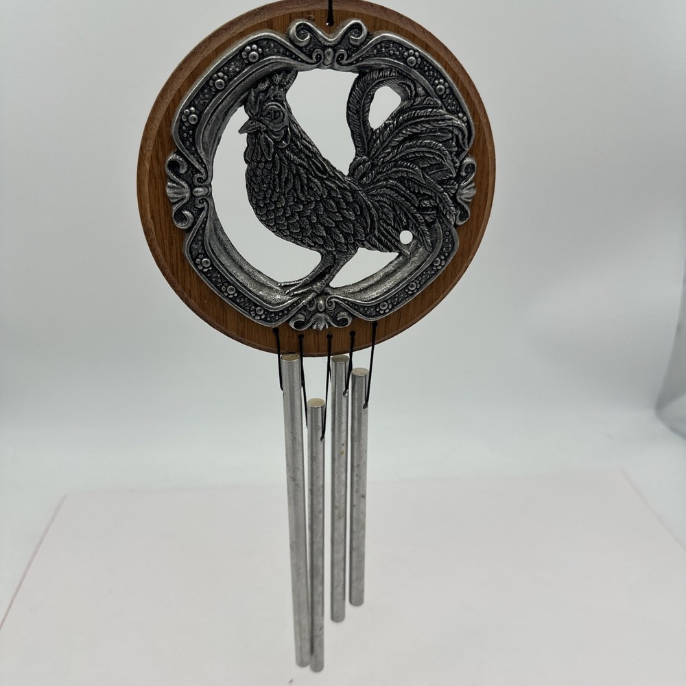 Rooster Wind Chimes Pewter and Wood Rooster Chicken USA 1999 EUC